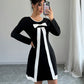 Elenzya Women's Black And White Contrast Color Block Round Neck Long Sleeve Casual Short Dress