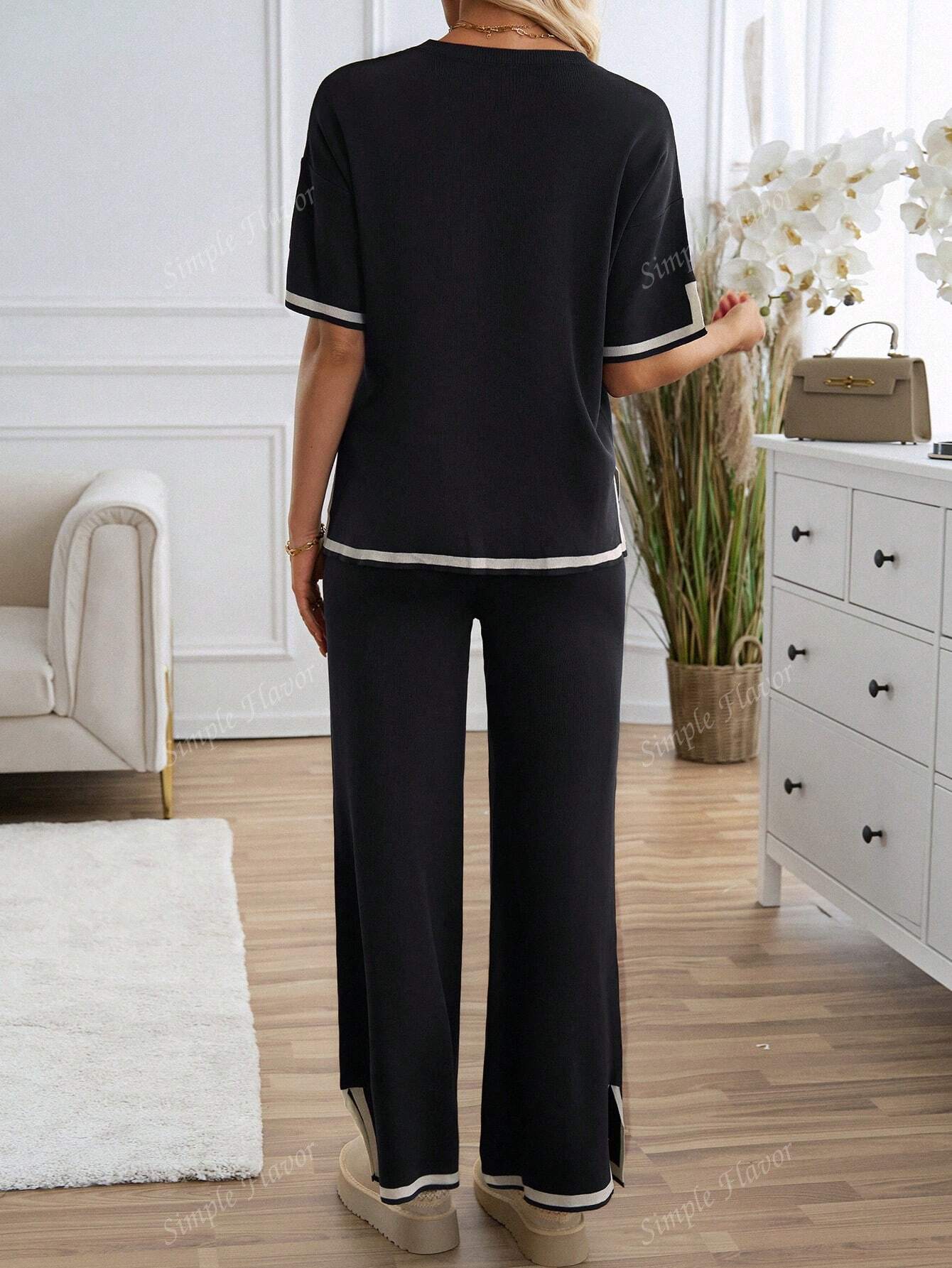 Women's Fashionable Knitted Short Sleeve Top And Long Pants Outfit