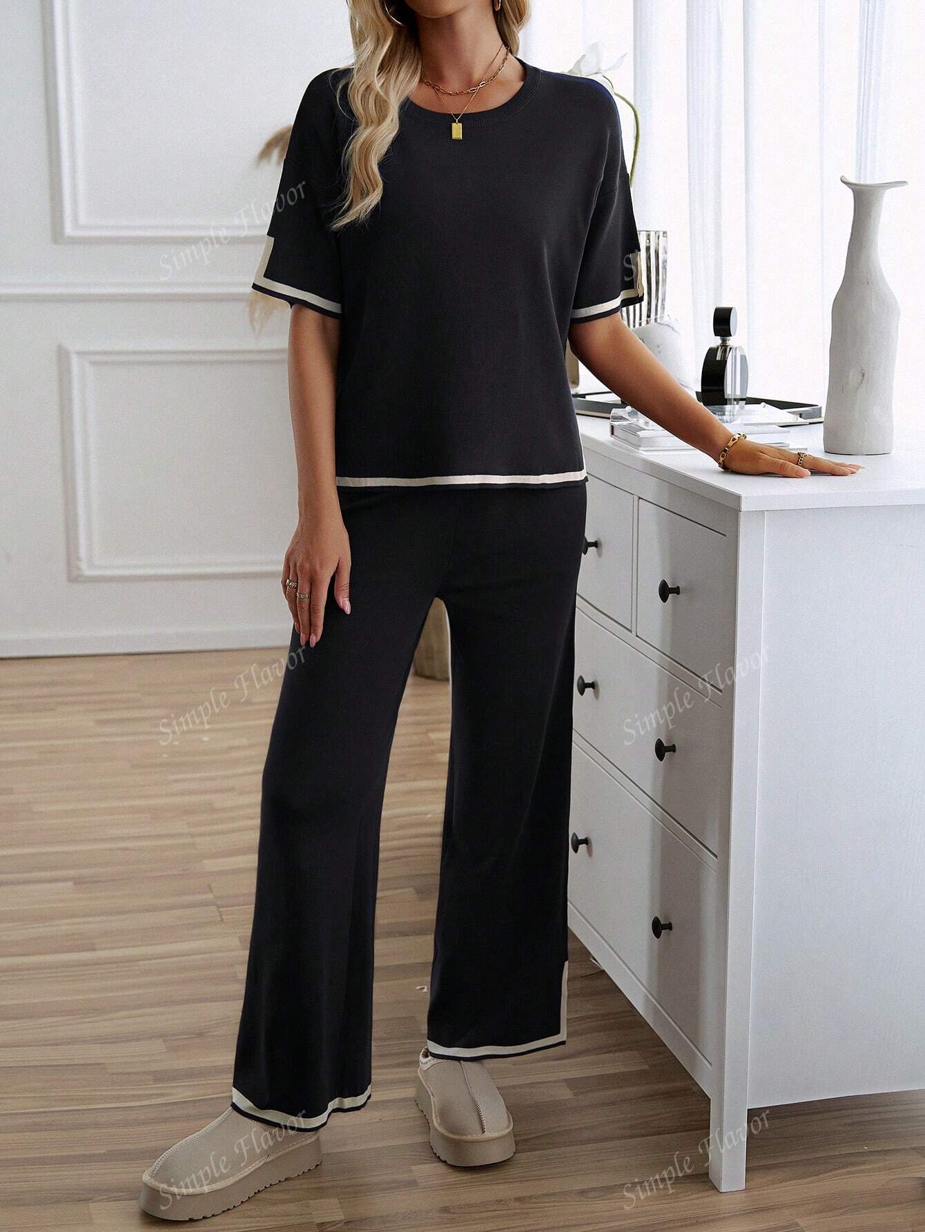 Women's Fashionable Knitted Short Sleeve Top And Long Pants Outfit