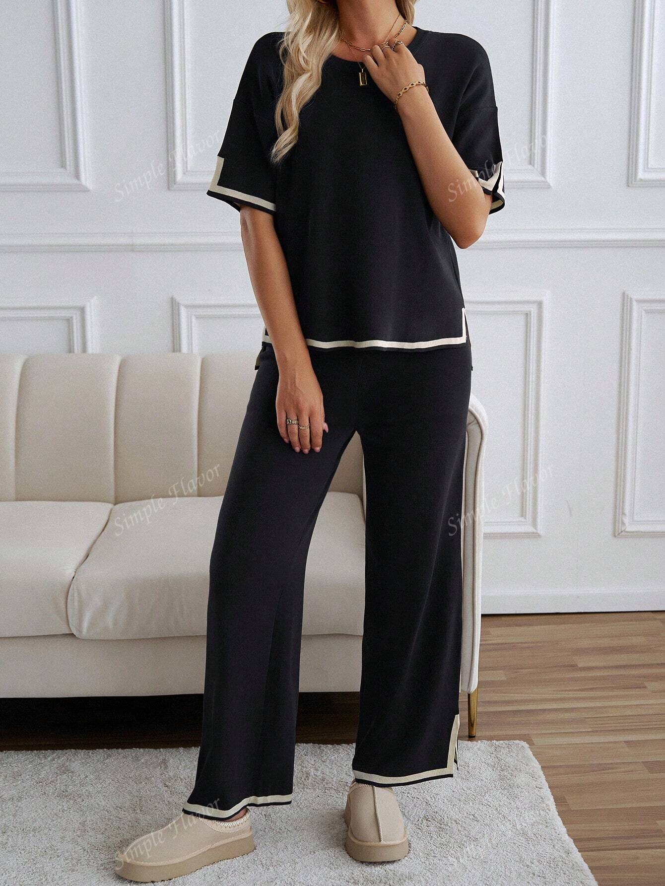 Women's Fashionable Knitted Short Sleeve Top And Long Pants Outfit