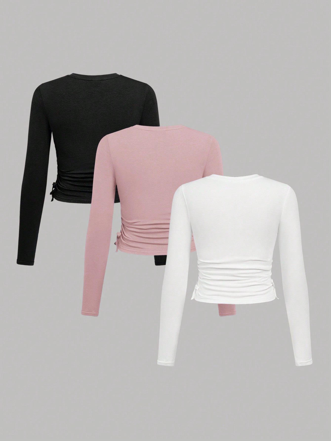 3pcs Tween Girls' Casual Solid Color Knit Crew Neck Long Sleeve Tops