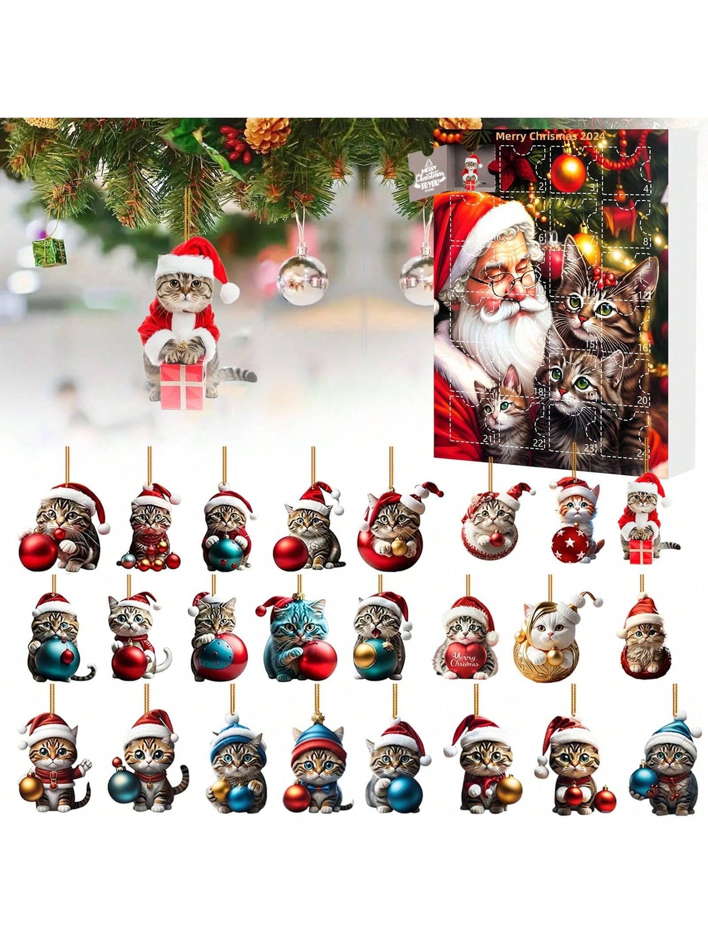 24pcs/Set 24-Day Christmas Countdown Calendar, Surprise Acrylic Cat Pendant Blind Box 24 Pieces Christmas Gifts Christmas Advent Calendar Surprise Gift,Christmas