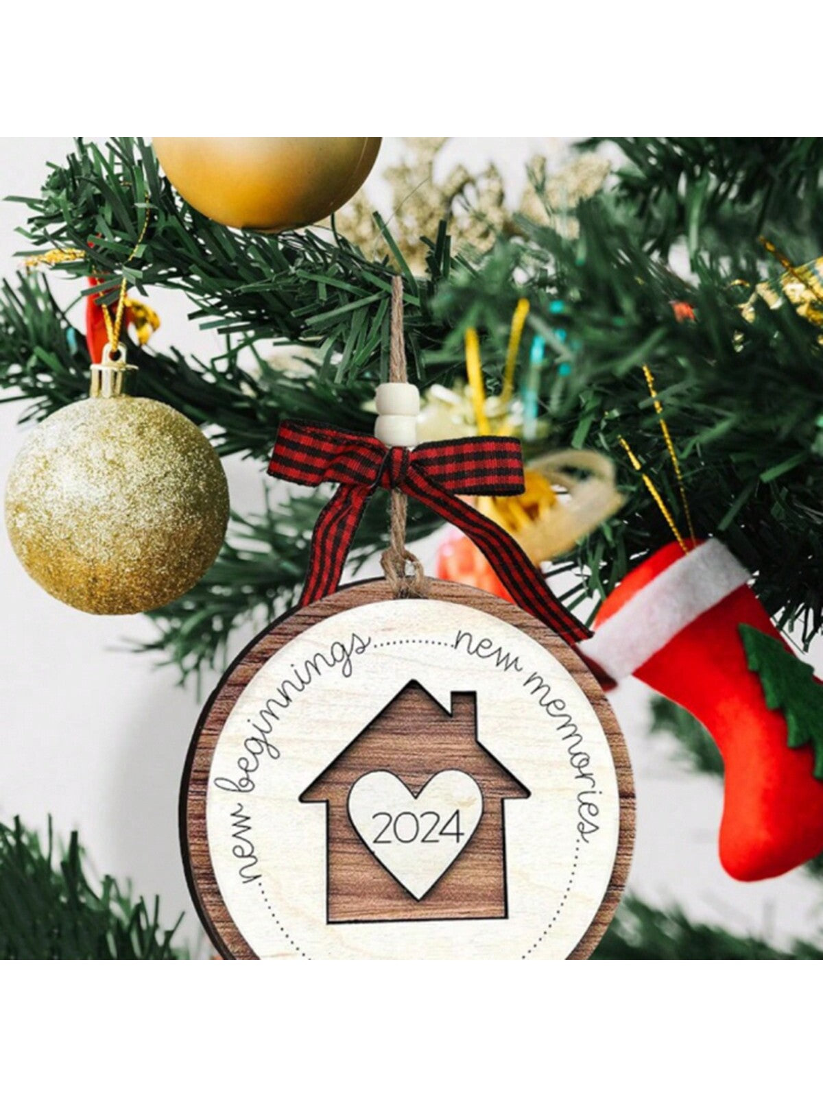 2024-2025 New Year Christmas New Home New Memories Wooden Home Holiday Decoration, Creative First Christmas Ornament For New Home, Christmas Gift Pendant, Ideal Holiday Gift