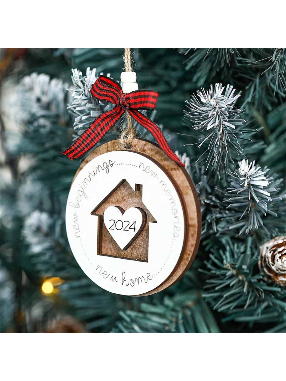 2024-2025 New Year Christmas New Home New Memories Wooden Home Holiday Decoration, Creative First Christmas Ornament For New Home, Christmas Gift Pendant, Ideal Holiday Gift