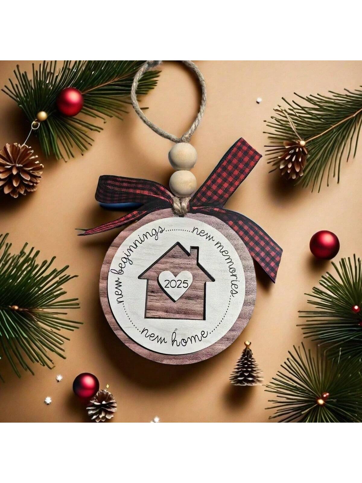 2024-2025 New Year Christmas New Home New Memories Wooden Home Holiday Decoration, Creative First Christmas Ornament For New Home, Christmas Gift Pendant, Ideal Holiday Gift