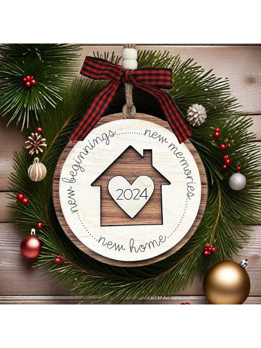 2024-2025 New Year Christmas New Home New Memories Wooden Home Holiday Decoration, Creative First Christmas Ornament For New Home, Christmas Gift Pendant, Ideal Holiday Gift