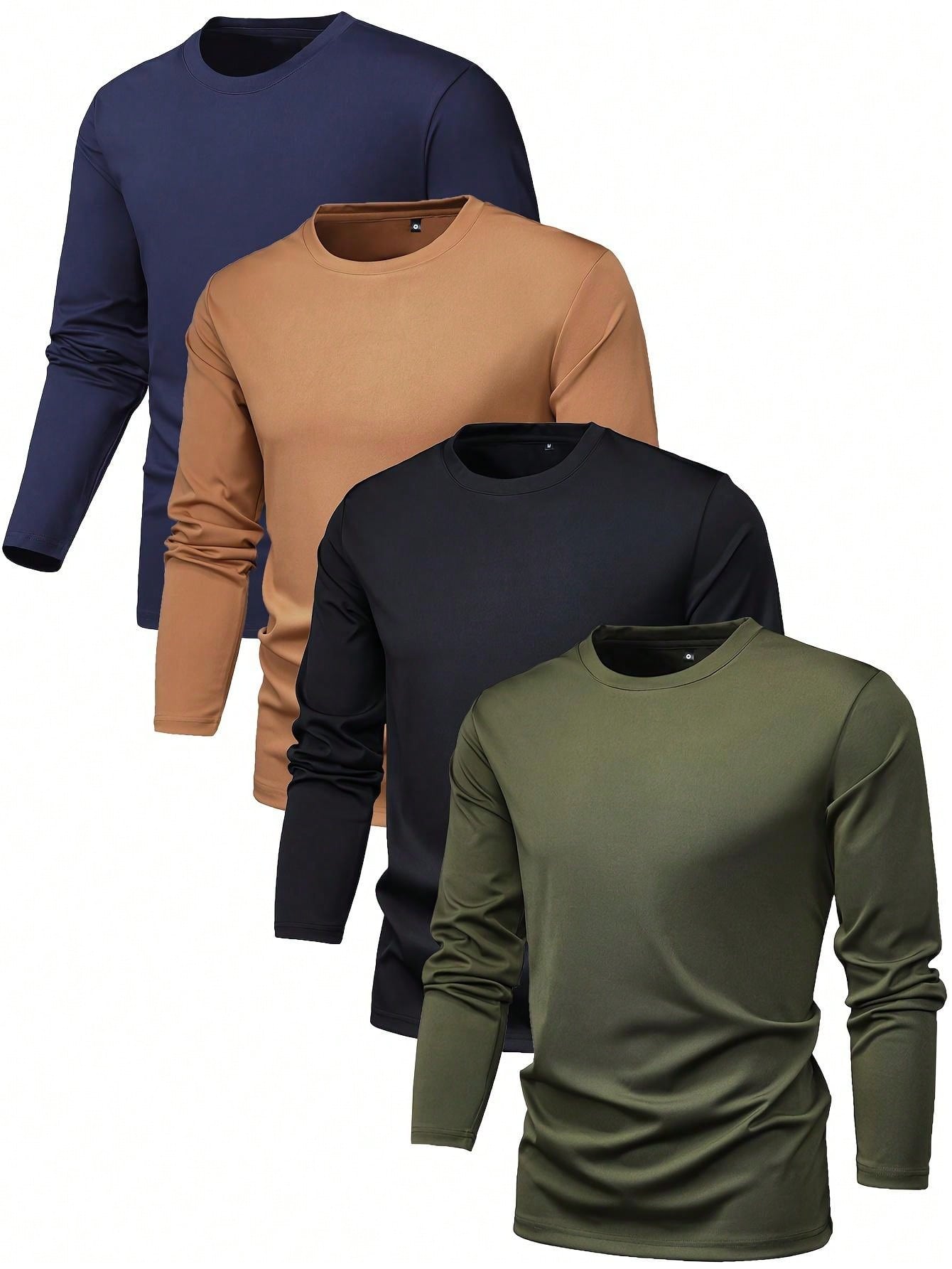 4pcs/Set Men's Regular-Fit Long Sleeve T-Shirt, Solid Color Basic Style, Fashionable Casual Sports Outfit, Thin Tops For Spring And Autumn