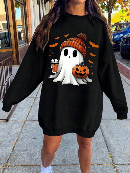 EZwear Plus Size Halloween Cartoon Ghost Print Sweatshirt Dress, Fall Outfit