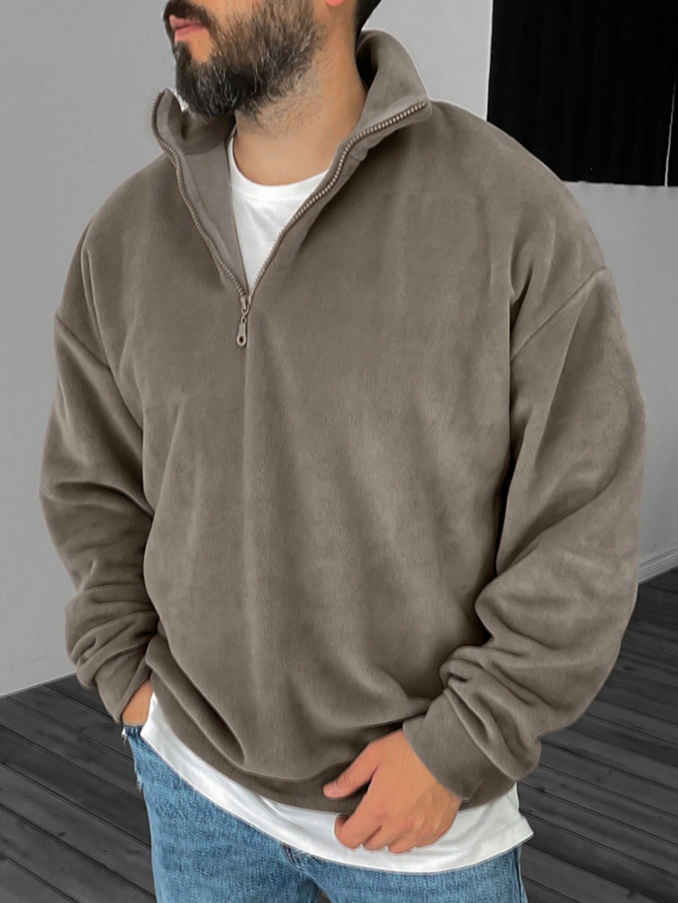 Men's Casual Stand Collar Half Zip Pullover Sweatshirt