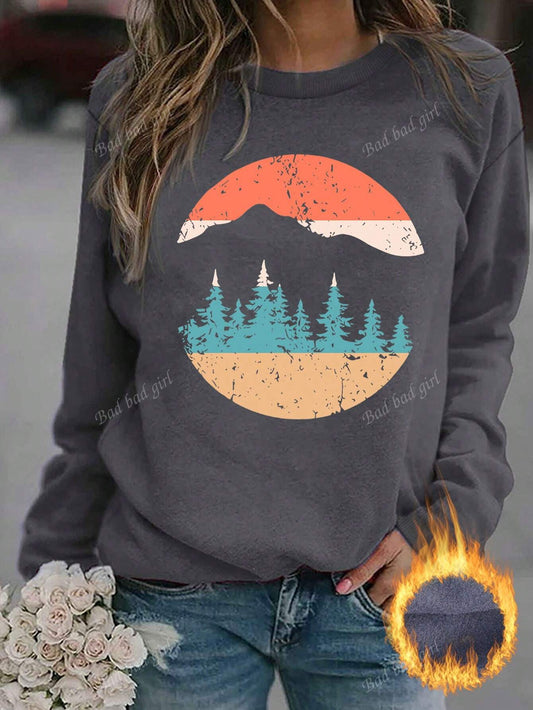 Ladies' Casual Minimalist Round Neck Sweatshirt With Sunrise Print Design,Ladies Spring/Fall Casual Long Sleeve Round Neck Regular Fit Regular Dark Grey Drop Shoulder Pullovers Women Hoodies,Winter Warmth/ Winter