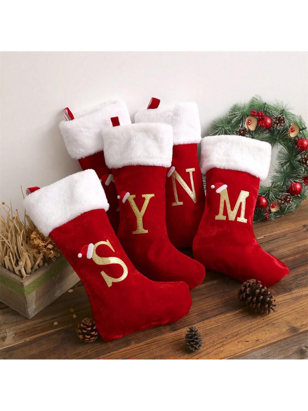 20 Inches Red Velvet With White Super Soft Plush Cuff Initial Christmas Stockings Embroidered With Gold Letter Stockings Xmas Tree Decorating Supplies Festival Creative Decoration