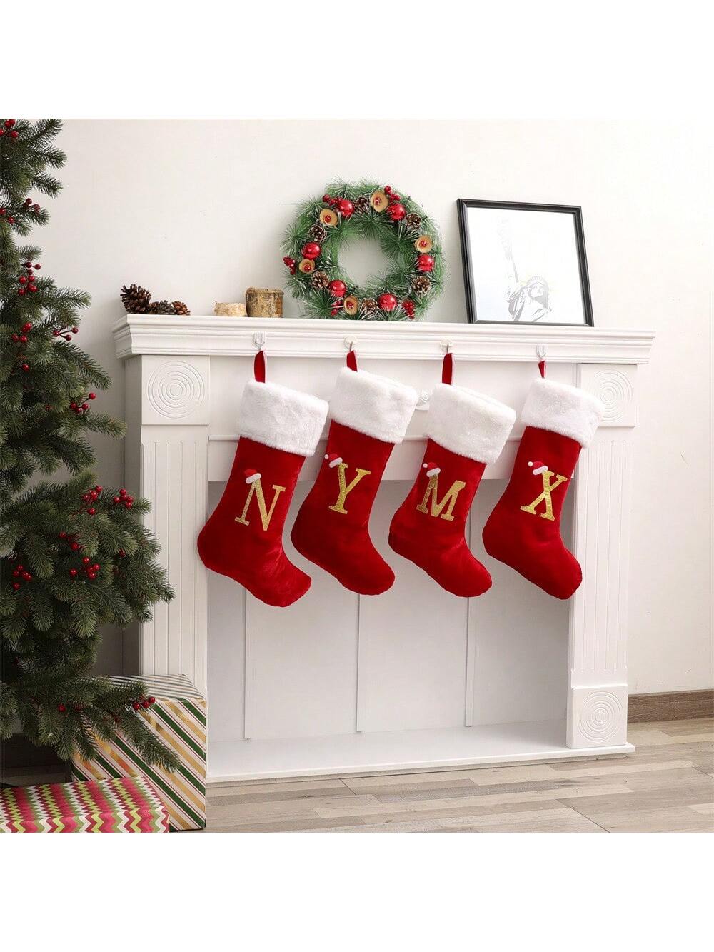 20 Inches Red Velvet With White Super Soft Plush Cuff Initial Christmas Stockings Embroidered With Gold Letter Stockings Xmas Tree Decorating Supplies Festival Creative Decoration