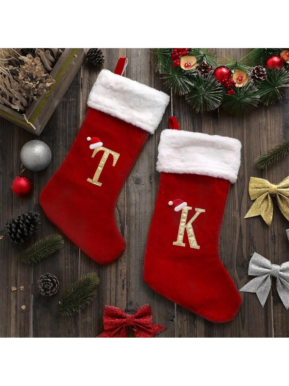 20 Inches Red Velvet With White Super Soft Plush Cuff Initial Christmas Stockings Embroidered With Gold Letter Stockings Xmas Tree Decorating Supplies Festival Creative Decoration