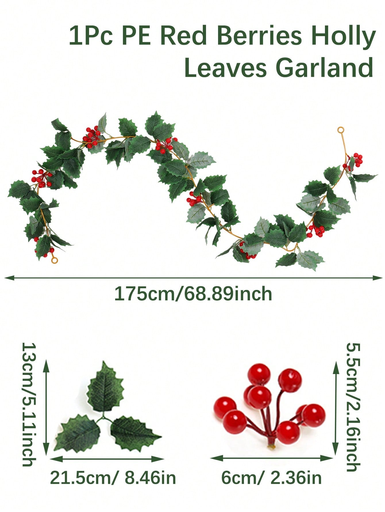 1pc Christmas Small Berries Hollyleaf Simulation Rattan, Christmas Artificial Small Berries Rattan, Simulation Fake Green Leaves Red Fruit Cane, Floral Christmas Tree Christmas Garland With Berries, Noel Decor, Navidad Decor,Christmas