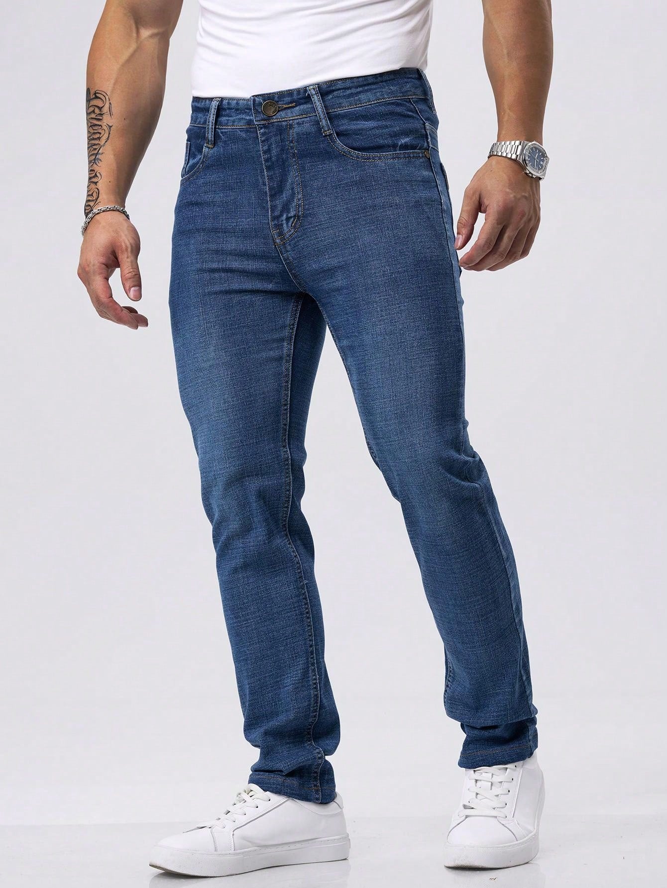 Men's Casual Straight Stretch Jeans,  Denim Material