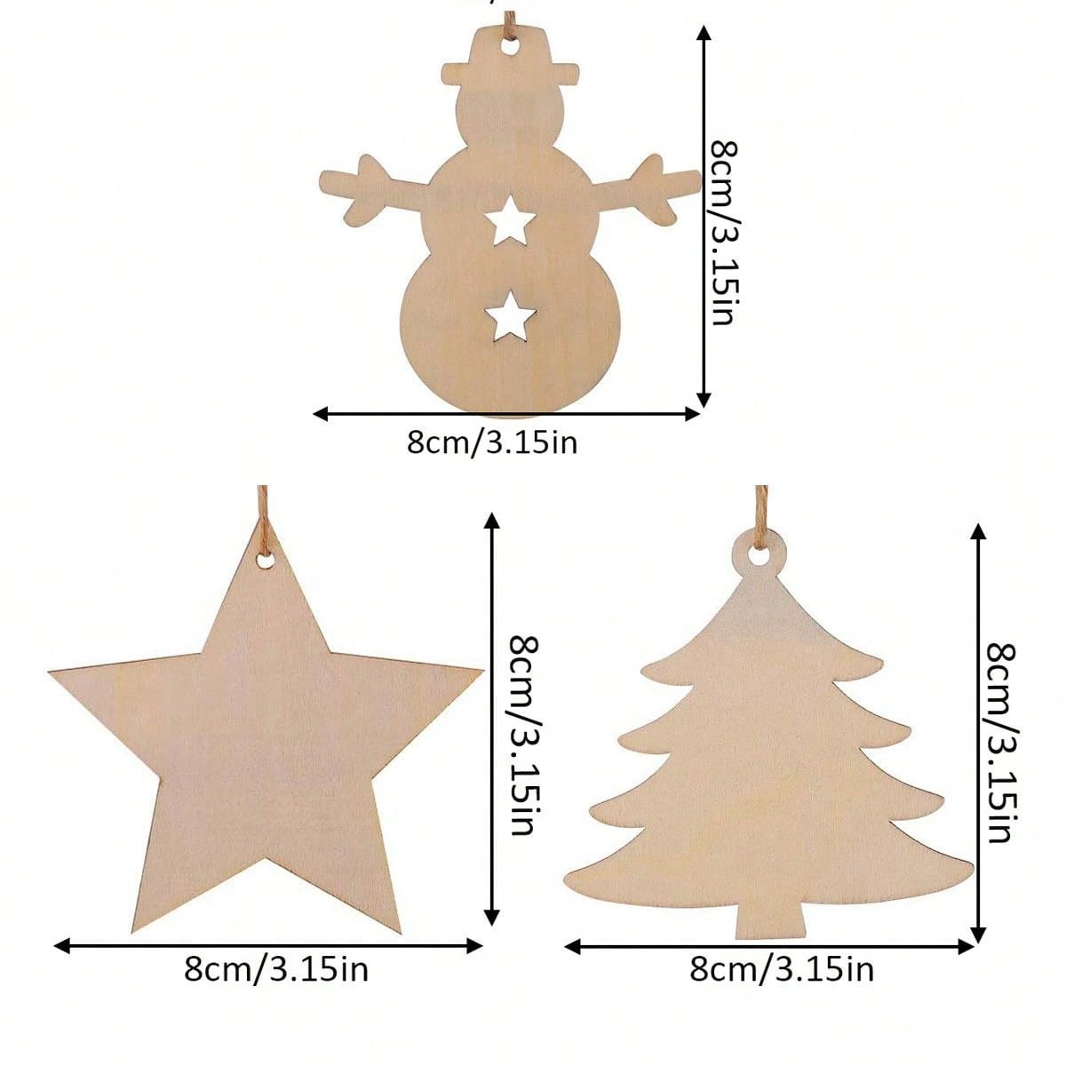 30pcs Blank Wooden Christmas Decor Ornaments, Christmas Tree, Snowman, Star Shapes, With 10m Jute Rope, 2mm Thick, DIY Arts