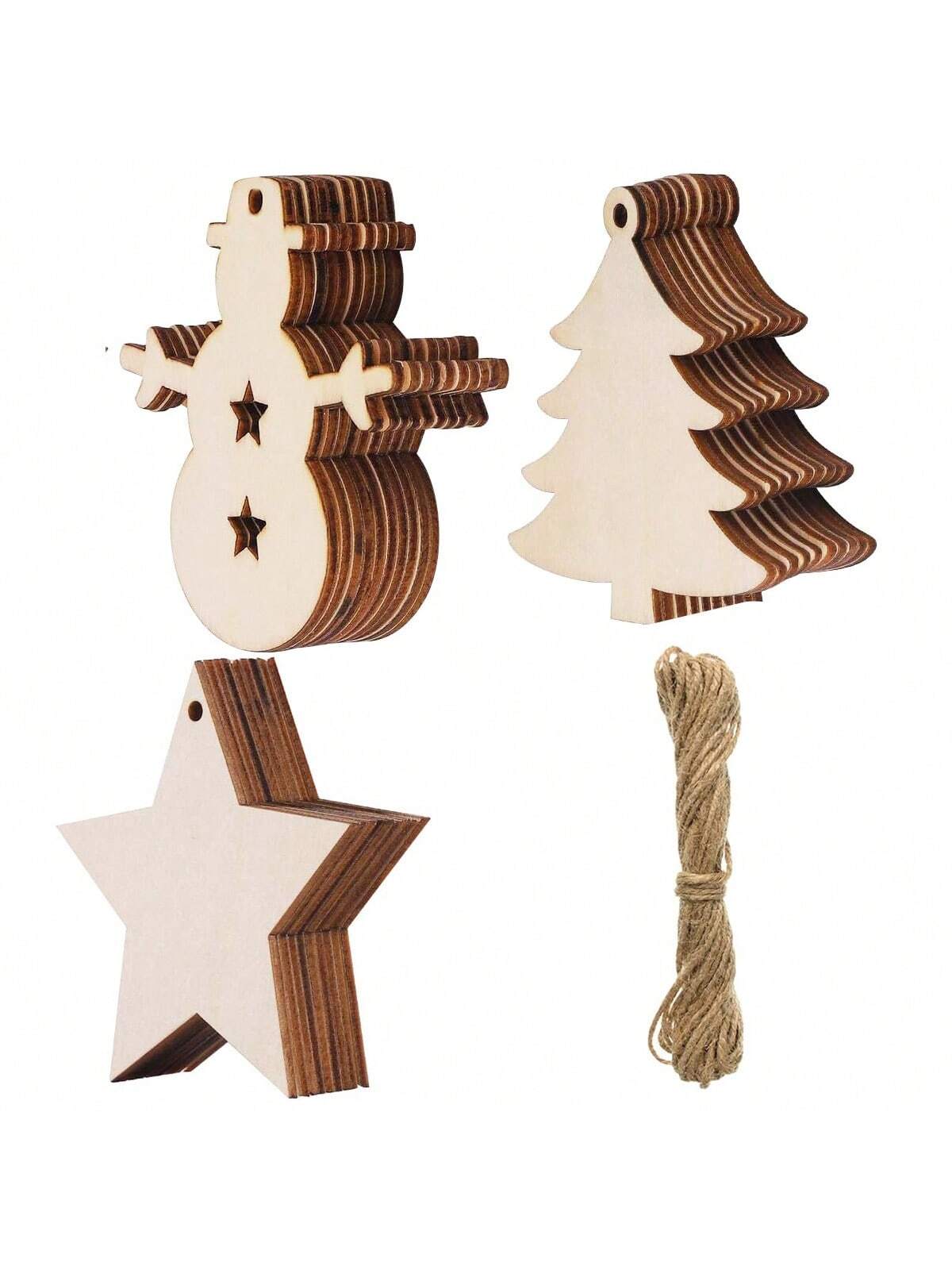 30pcs Blank Wooden Christmas Decor Ornaments, Christmas Tree, Snowman, Star Shapes, With 10m Jute Rope, 2mm Thick, DIY Arts