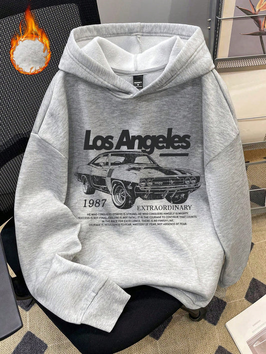 Manfinity Homme Fashionable Casual Vintage Classic Car Print Heathered Gray Oversized Drop Shoulder Thick Hooded Sweatshirt For Men, Vintage Light Grey Car Graphic Long Sleeve Hoodie, For Friends, Husband, Boyfriend Gifts