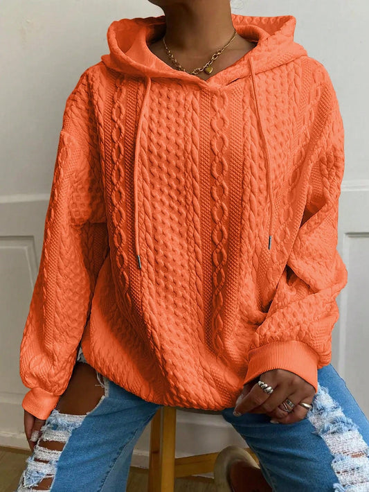 Plus Size Women Loose Casual Solid Color Jacquard Knit Long Sleeve Hoodie Sweatshirt