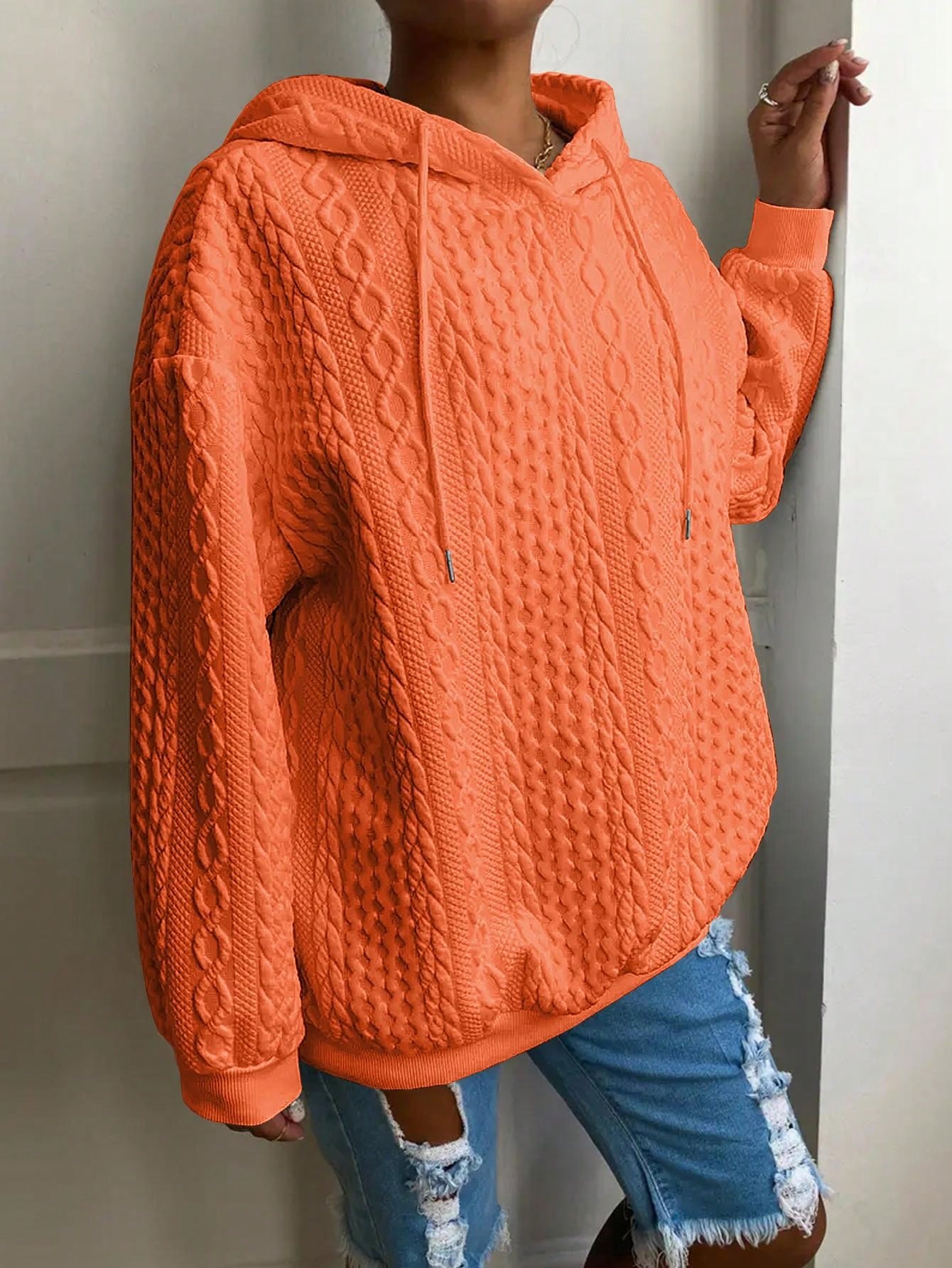 Plus Size Women Loose Casual Solid Color Jacquard Knit Long Sleeve Hoodie Sweatshirt