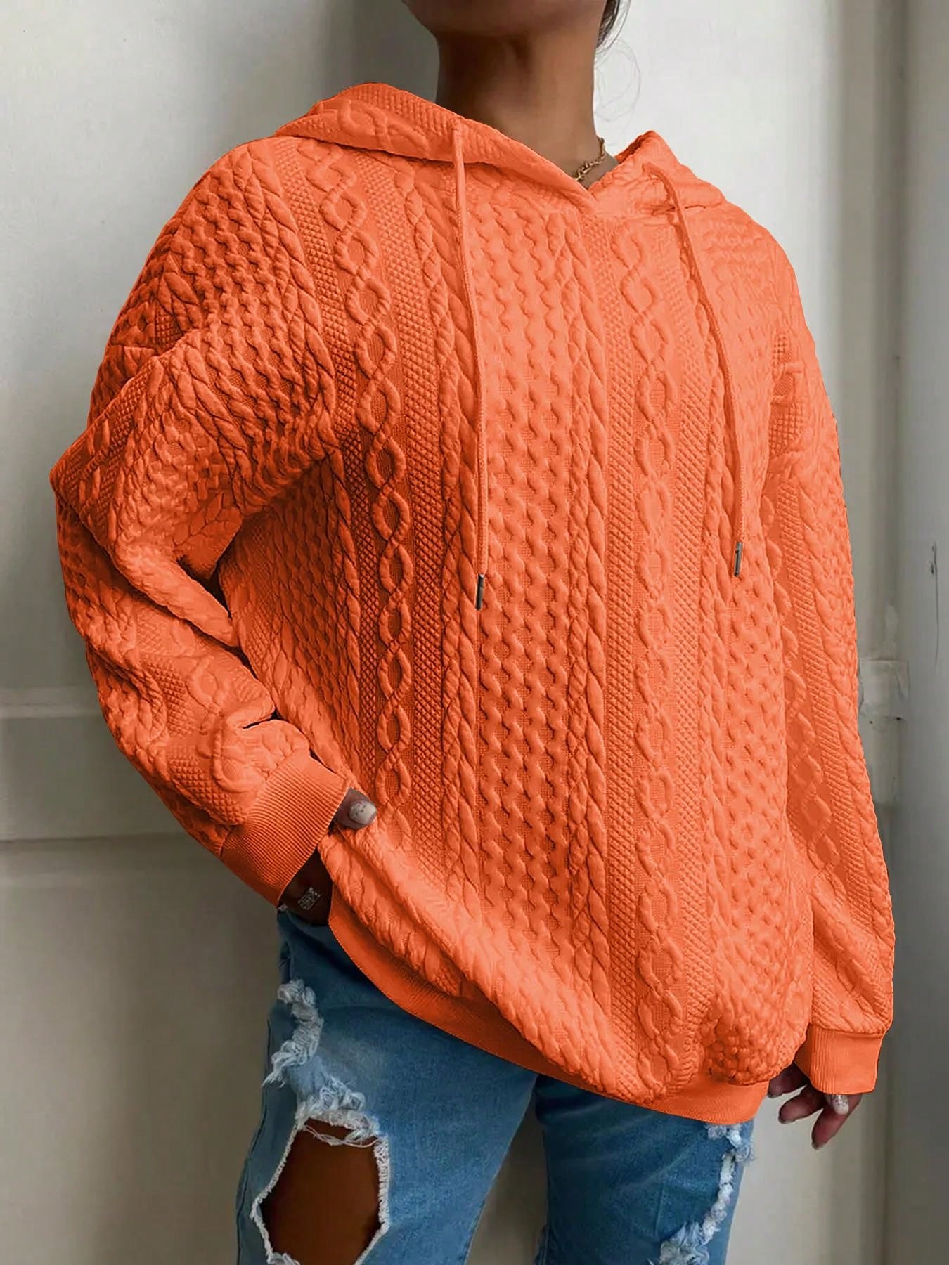 Plus Size Women Loose Casual Solid Color Jacquard Knit Long Sleeve Hoodie Sweatshirt