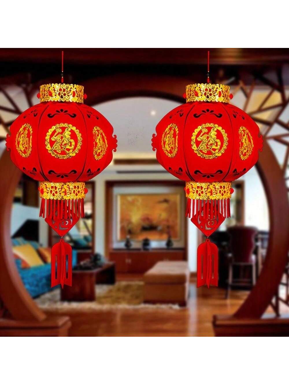 1Pc Chinese New Year Lantern DIY FU Character Red Lantern Hanging Ornaments For Lunar New Year Spring Festival Decor,Christmas