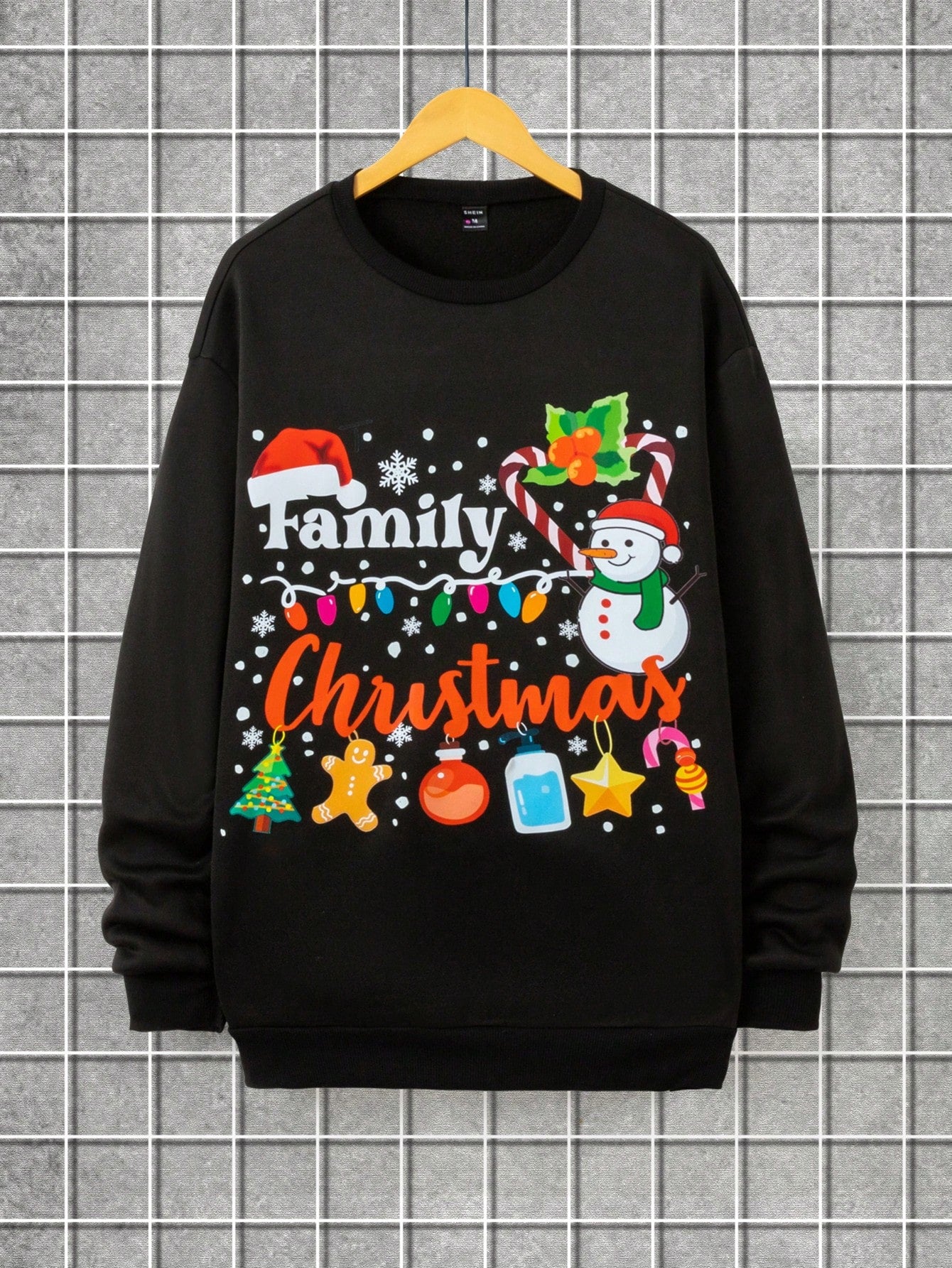 1pc Men's Black Casual Snowman And Gingerbread Man Christmas Pattern Fleece Lining Crew Neck Loose Fit Long Sleeve Thick Sweatshirt, Suitable For Daily, Family Activities, Party And Christmas, Autumn/Winter