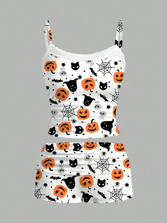 EZwear 2pcs Women Halloween Pumpkin Print Cute Lace Trim Camisole And Pleated Shorts Set, Summer