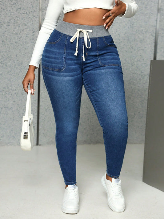 SXY Plus Size Stretchy Waist Skinny Fit Blue Jeans