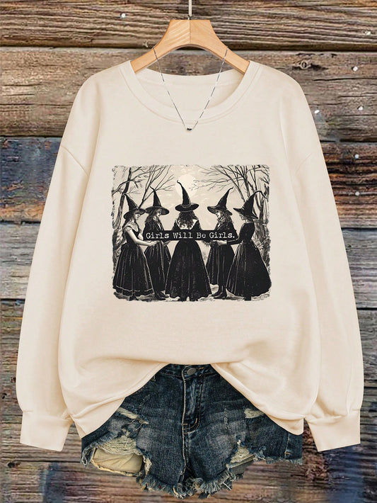 LUNE Plus Size Round Neck Long Sleeve Creative Witch Print Fall Sweatshirt