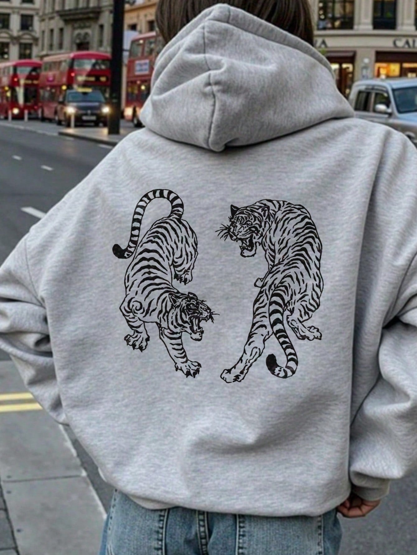 EZwear 2pcs Women's Casual Hooded Sweatshirt With Two Tigers Print, Autumn And Winter Animal Print Top