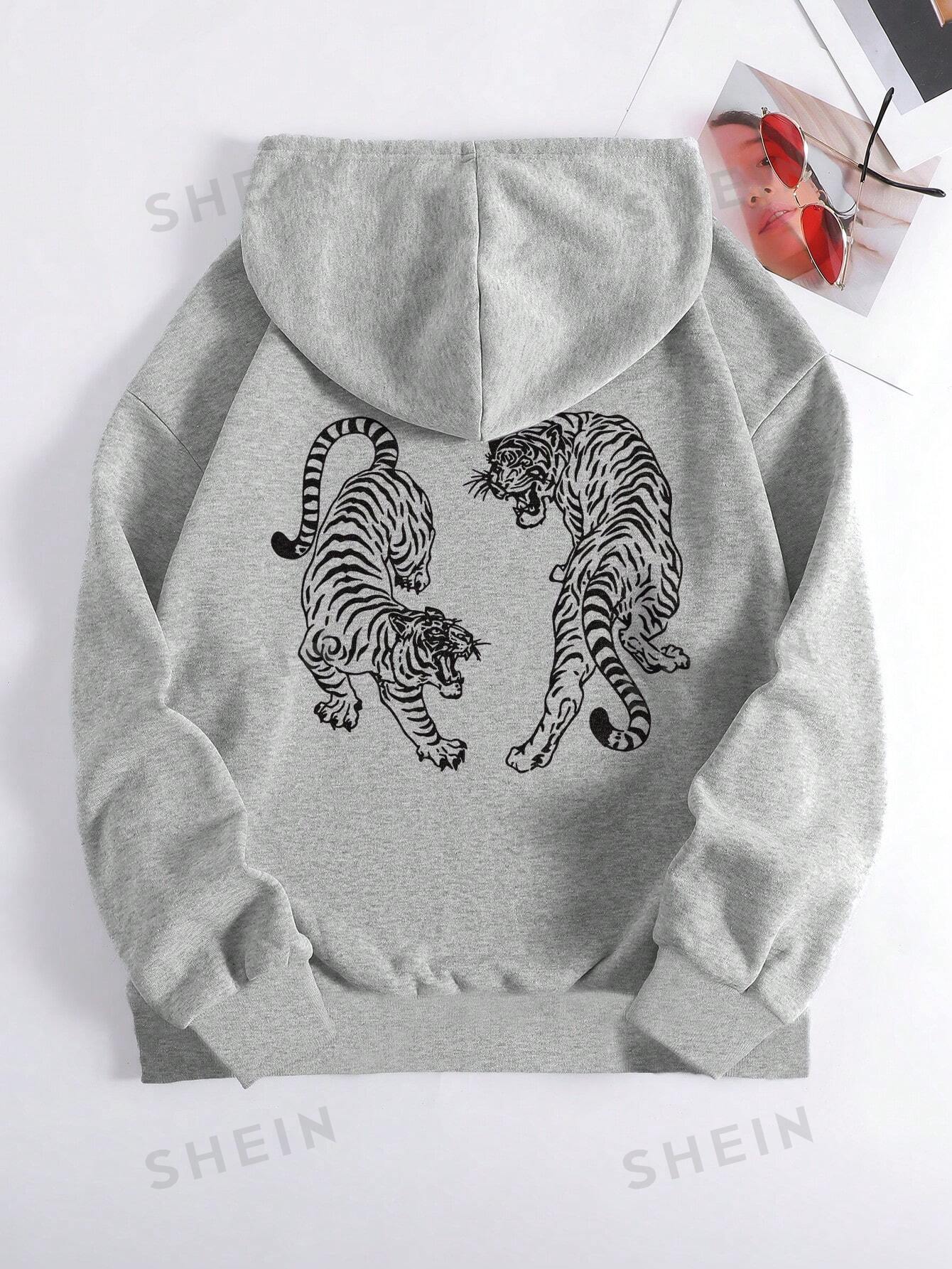 EZwear 2pcs Women's Casual Hooded Sweatshirt With Two Tigers Print, Autumn And Winter Animal Print Top