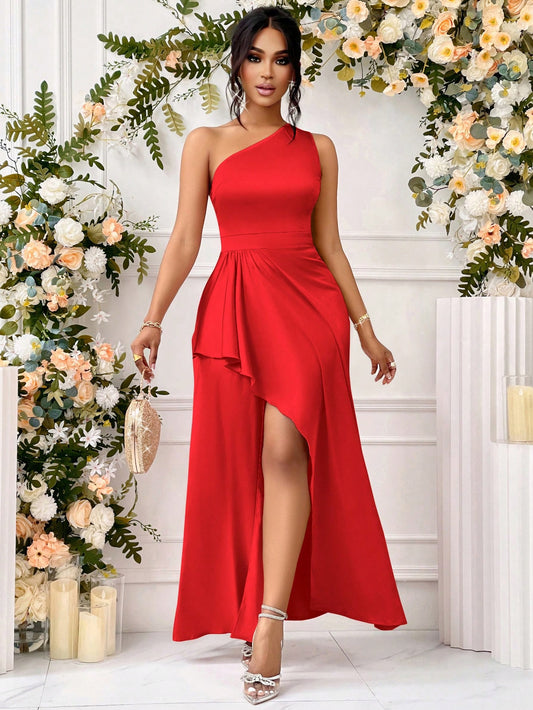 SHEIN Belle One Shoulder Split Thigh Ruffle Hem Satin Party Dress Prom Dress Cocktail Party Bridesmaid Wedding Season, Elegant Semi Formal Dress, For Birthday, Wedding Guest, Graduation, Dinner, Homecoming New Year Eve For New Year Holiday Party Clothes