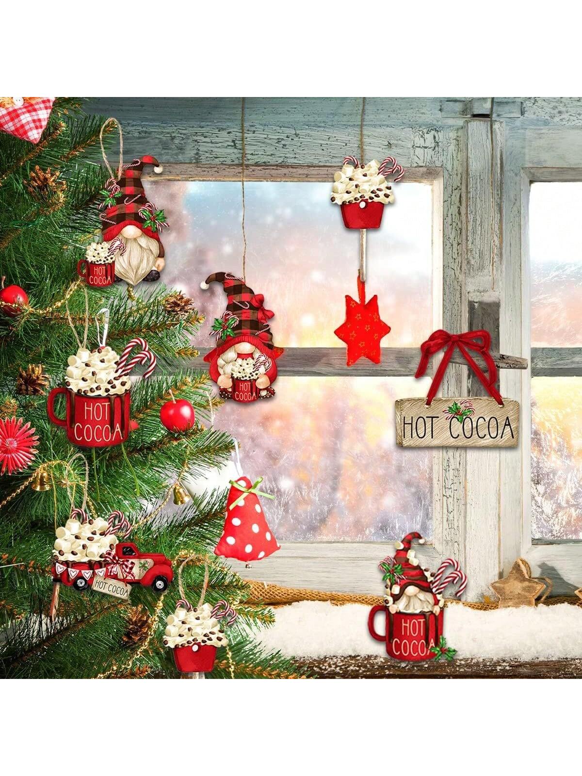 16pcs/Set Red Wooden Christmas Pendant Ornaments, For Outdoor Party, Gift, Car, Home Decor (With String),Christmas