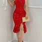 1pc Red Off Shoulder Pearl Decor Sexy Solid High Slit Ruffle Hem Sparkly Elegant Party Dress For Women