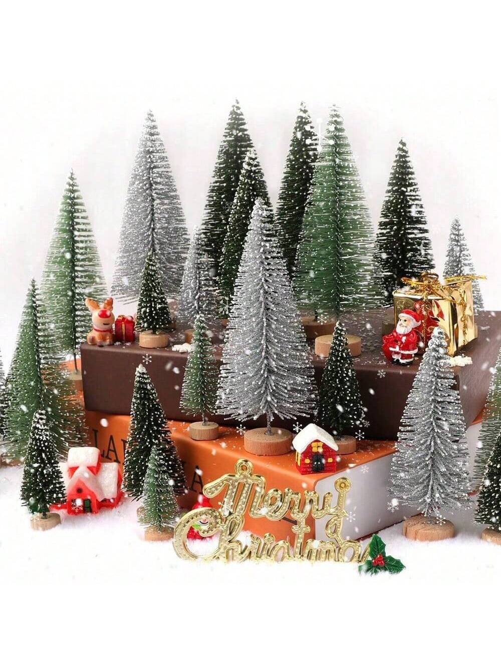 6Pcs Christmas Decorations Mini Christmas Trees, Artificial Christmas Tree Bottle Brush Trees With Wooden Base For Christmas Decor Christmas Party Home Table Craft, Photography Decorative Ornaments