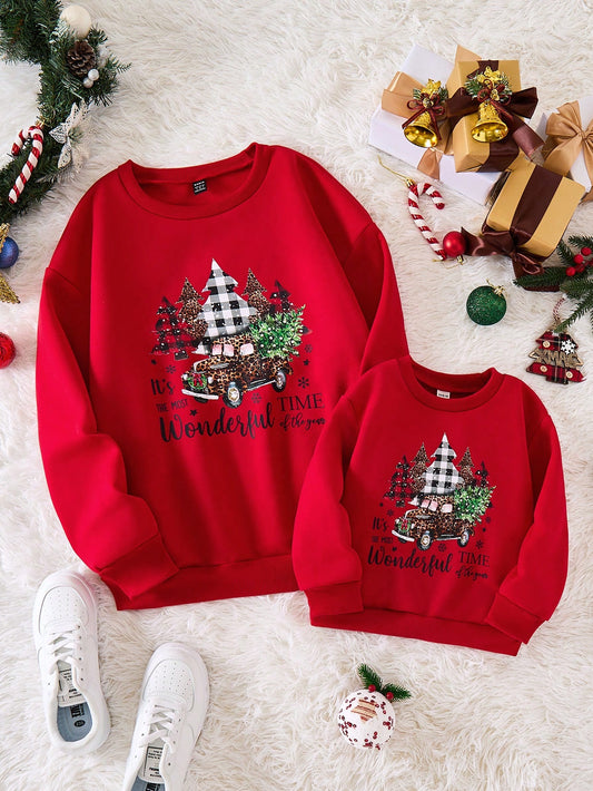 Women's Red Fuzzy Fabric Round Neck Patchwork Ribbed Front Panel Santa Tree Car Letter Print Dropped Shoulder Long Sleeve Cuff Hem Casual Sweatshirt, Suitable For Going Out And Home, Autumn/Winter