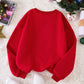 Women's Red Fuzzy Fabric Round Neck Patchwork Ribbed Front Panel Santa Tree Car Letter Print Dropped Shoulder Long Sleeve Cuff Hem Casual Sweatshirt, Suitable For Going Out And Home, Autumn/Winter