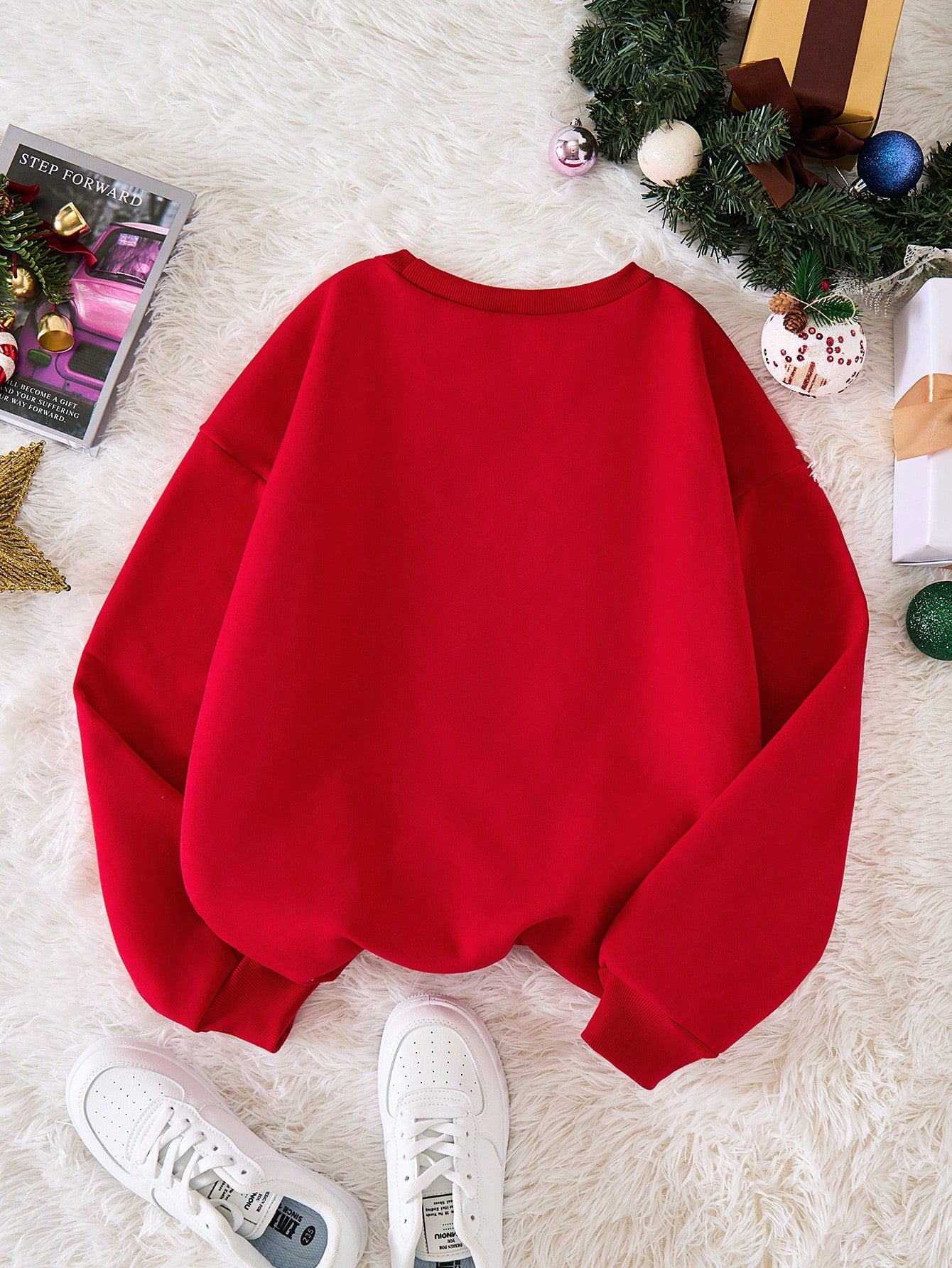 Women's Red Fuzzy Fabric Round Neck Patchwork Ribbed Front Panel Santa Tree Car Letter Print Dropped Shoulder Long Sleeve Cuff Hem Casual Sweatshirt, Suitable For Going Out And Home, Autumn/Winter