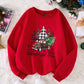 Women's Red Fuzzy Fabric Round Neck Patchwork Ribbed Front Panel Santa Tree Car Letter Print Dropped Shoulder Long Sleeve Cuff Hem Casual Sweatshirt, Suitable For Going Out And Home, Autumn/Winter