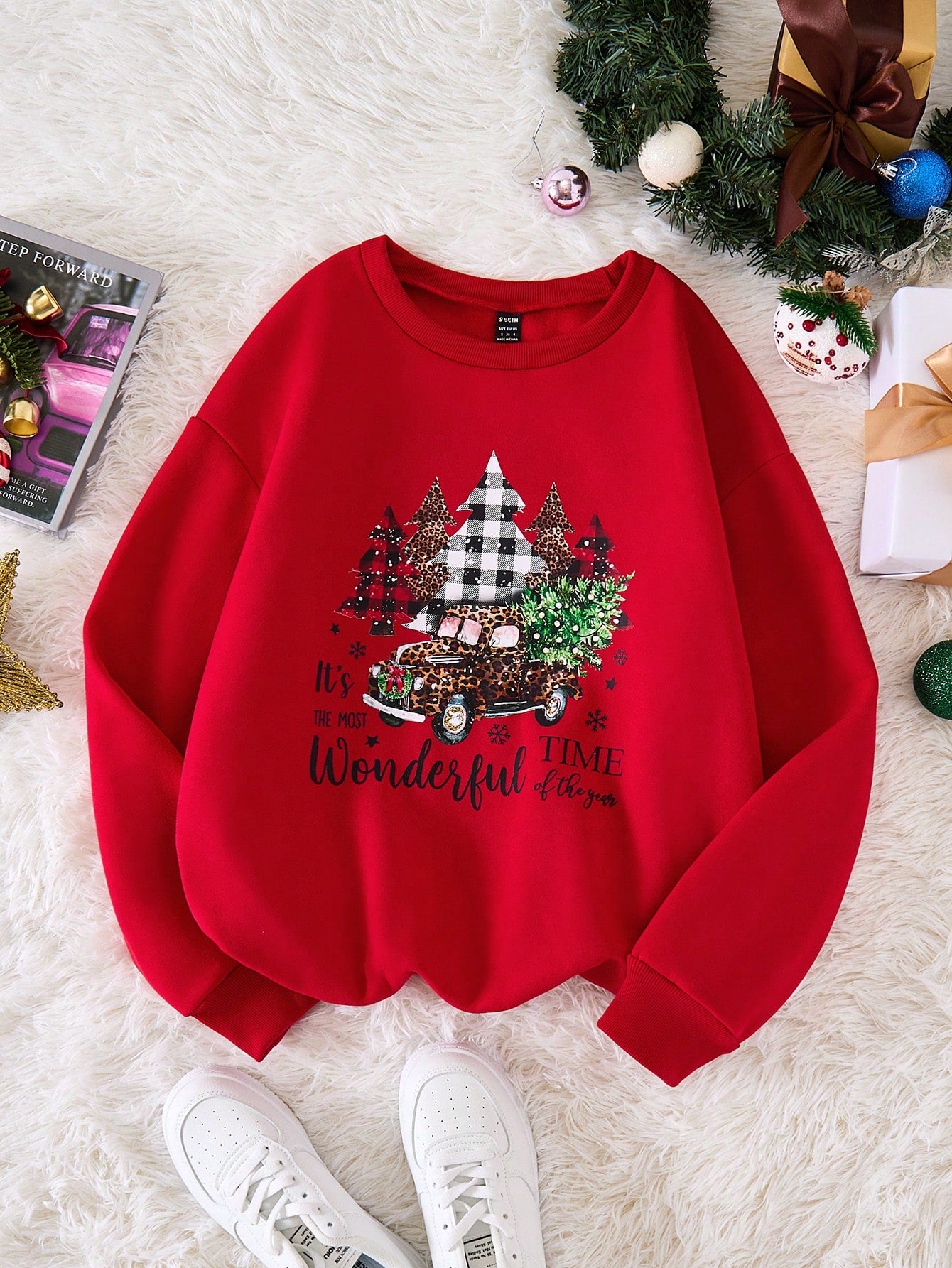 Women's Red Fuzzy Fabric Round Neck Patchwork Ribbed Front Panel Santa Tree Car Letter Print Dropped Shoulder Long Sleeve Cuff Hem Casual Sweatshirt, Suitable For Going Out And Home, Autumn/Winter