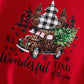 Women's Red Fuzzy Fabric Round Neck Patchwork Ribbed Front Panel Santa Tree Car Letter Print Dropped Shoulder Long Sleeve Cuff Hem Casual Sweatshirt, Suitable For Going Out And Home, Autumn/Winter