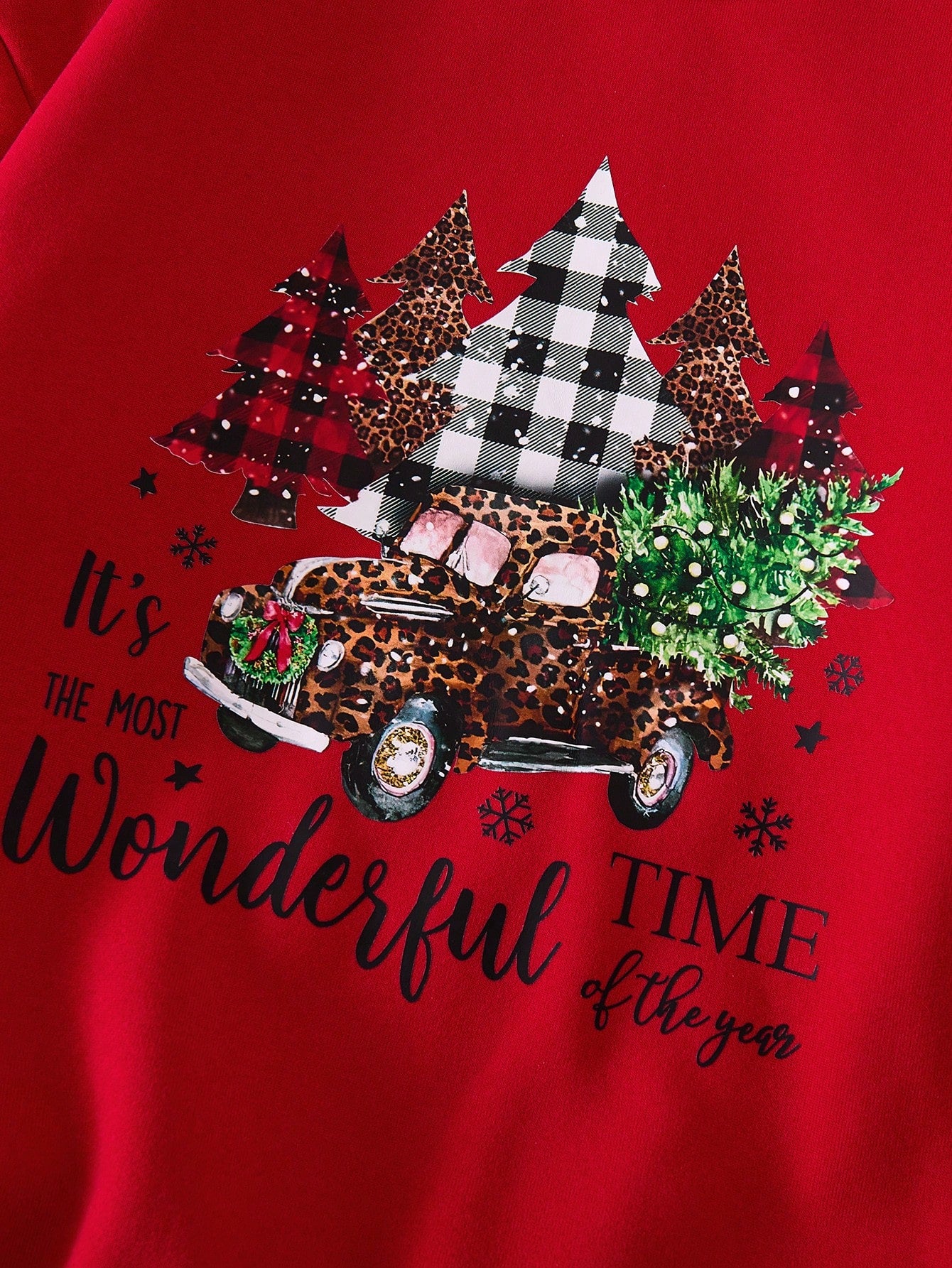 Women's Red Fuzzy Fabric Round Neck Patchwork Ribbed Front Panel Santa Tree Car Letter Print Dropped Shoulder Long Sleeve Cuff Hem Casual Sweatshirt, Suitable For Going Out And Home, Autumn/Winter