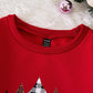 Women's Red Fuzzy Fabric Round Neck Patchwork Ribbed Front Panel Santa Tree Car Letter Print Dropped Shoulder Long Sleeve Cuff Hem Casual Sweatshirt, Suitable For Going Out And Home, Autumn/Winter