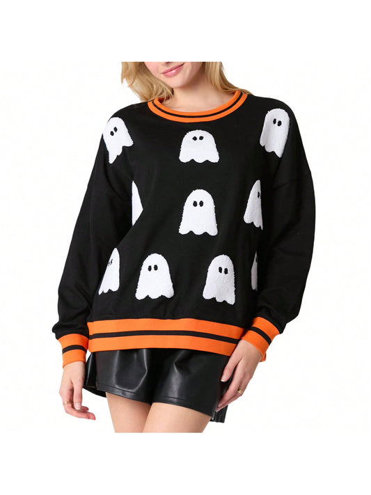 Women's Vintage Ghost Pattern Crewneck Knitted Sweaters Pullover Tops