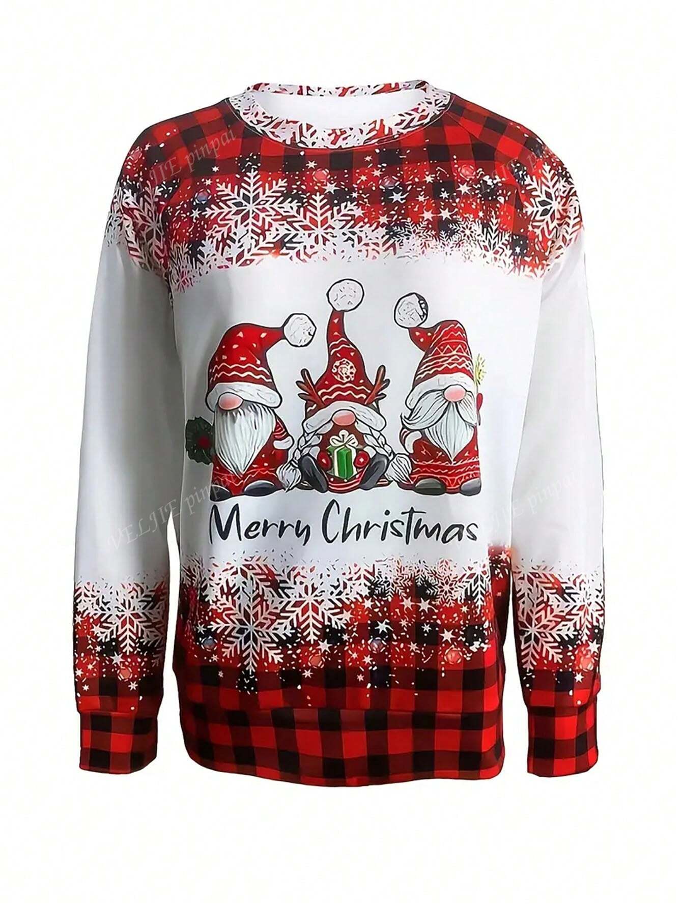 Casual Round Neck Long Sleeve Christmas Santa Claus Print Sweatshirt, Autumn/Winter