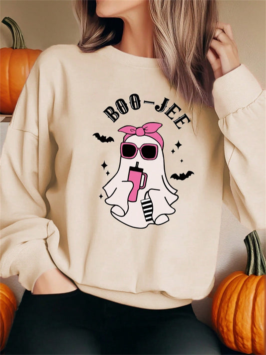 Essnce Plus Size Halloween Ghost Pattern Letter Slogan Crew Neck Long Sleeve Fall Sweatshirt