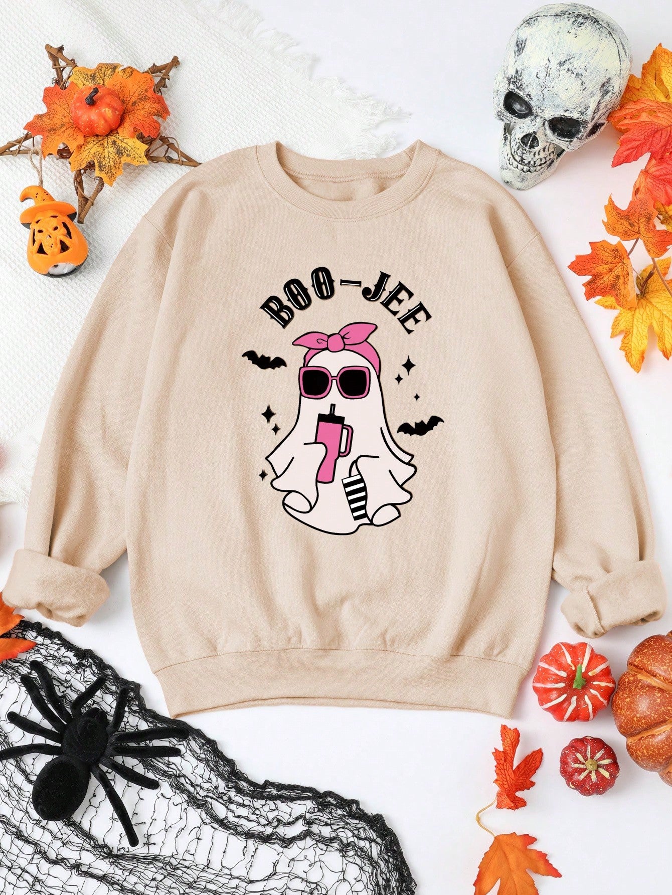 Essnce Plus Size Halloween Ghost Pattern Letter Slogan Crew Neck Long Sleeve Fall Sweatshirt