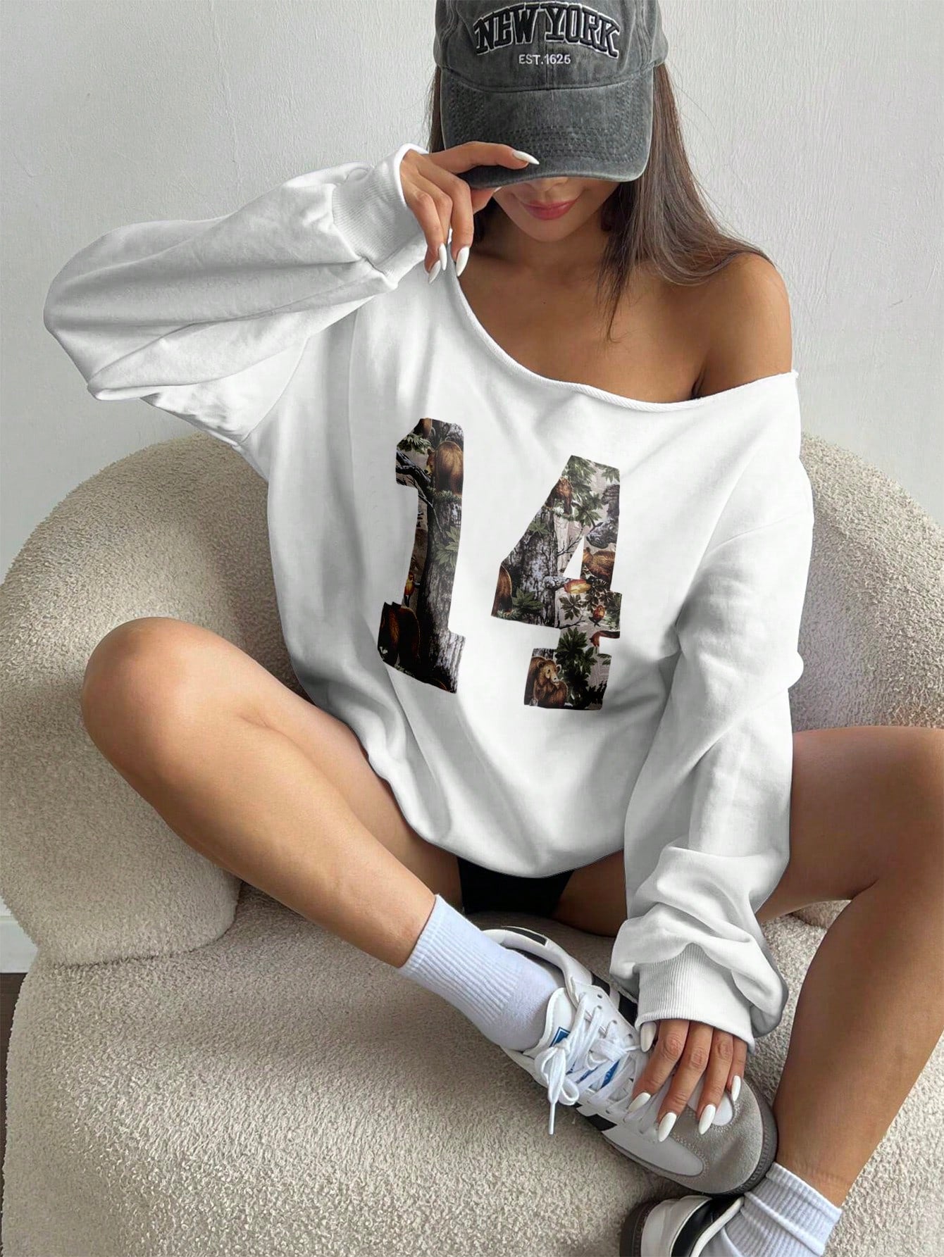 EZwear Off-Shoulder Sweatshirt Y2K Sweatshirt With Number 14