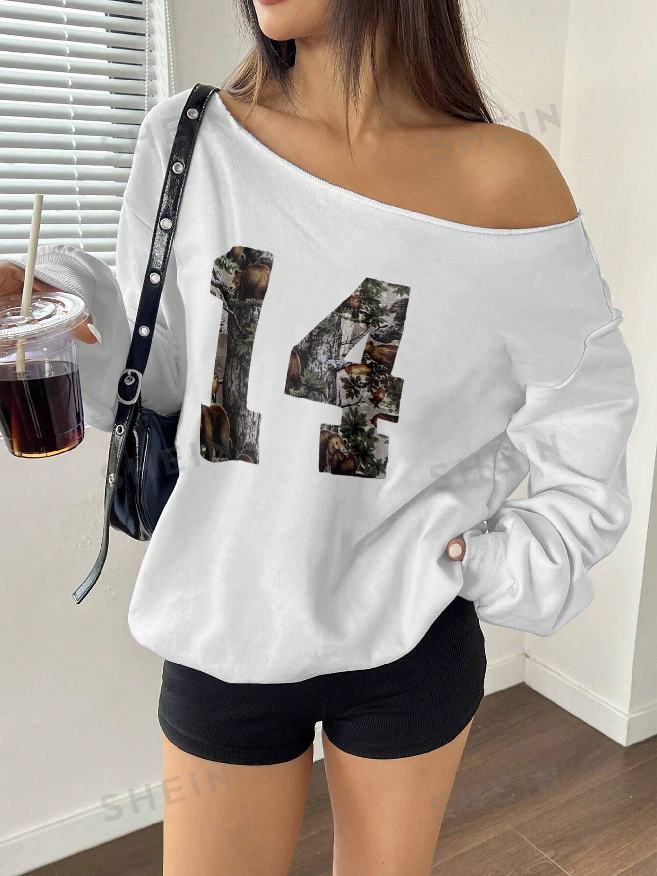 EZwear Off-Shoulder Sweatshirt Y2K Sweatshirt With Number 14